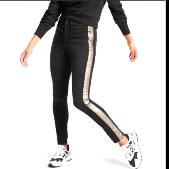 Athleta 'Sculptek Metallic Tuxedo Stripe' Black Jeans - Picture 1 of 12